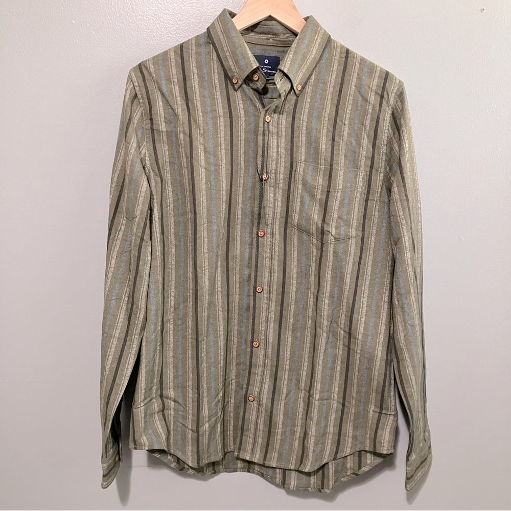 Ben Sherman Long sleeve Flannel Button Up Green Striped Shirt Men Size Medium